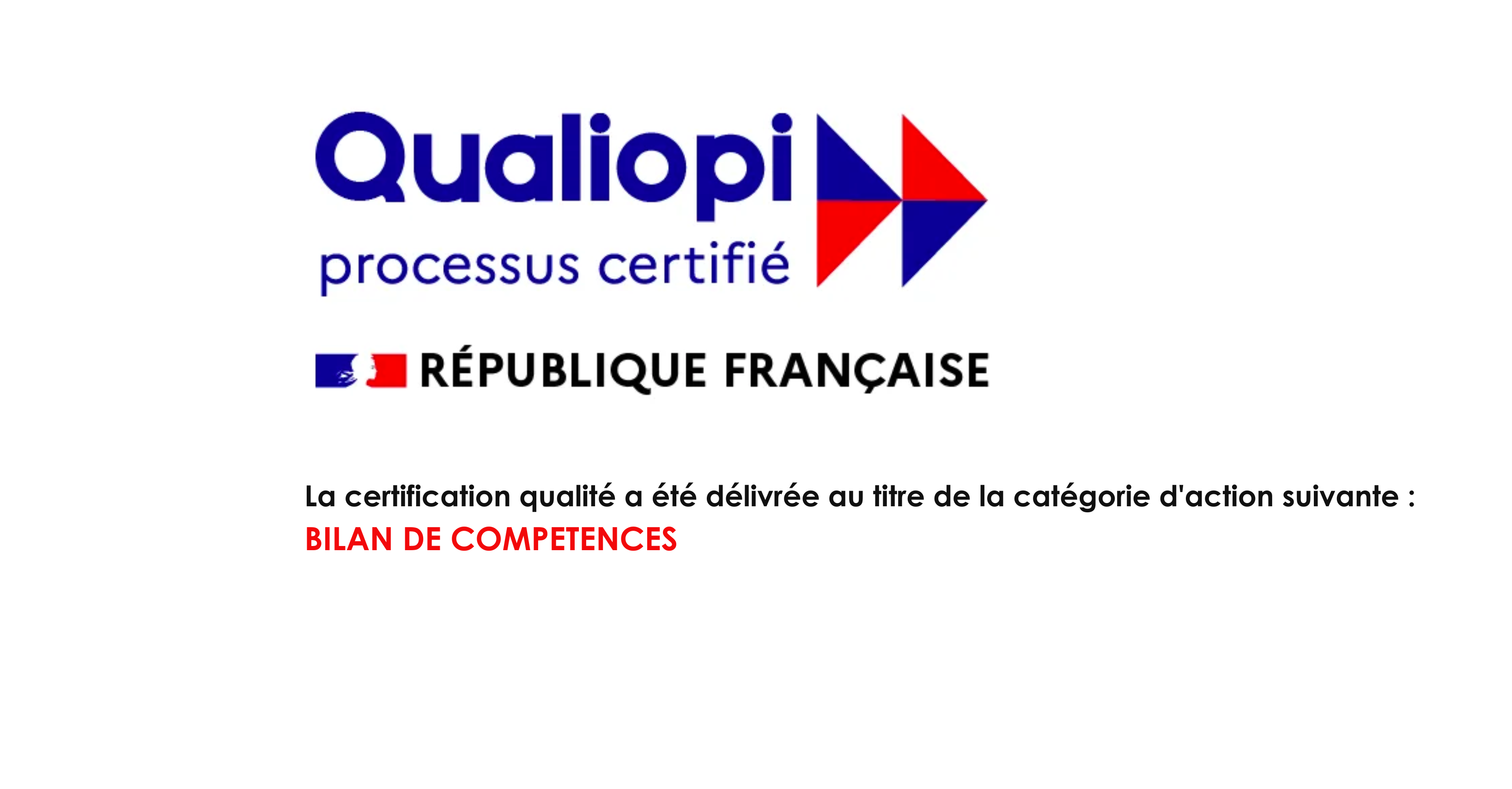 Qualiopi, processus certifié, République française. La certification qualité a été délivrée au titre de la catégorie d'action suivante : bilan de compétences.